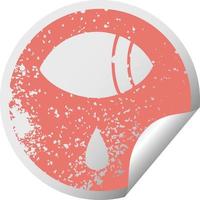 distressed circular peeling sticker symbol crying eye looking to one side vector