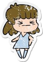 distressed sticker of a cartoon angry girl vector
