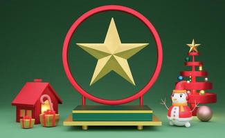 Podium Empty and snowman with frame and geometric shapes in green composition for website or poster or Happiness cards,Christmas banner and festive New Year, realistic 3d illustration or 3d render photo