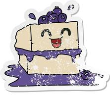 distressed sticker of a quirky hand drawn cartoon happy cake slice