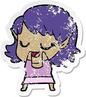 distressed sticker of a happy cartoon elf girl vector