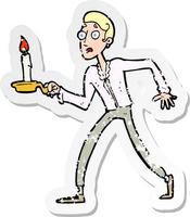 retro distressed sticker of a cartoon frightened man walking with candlestick vector