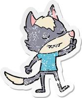 distressed sticker of a friendly cartoon wolf making peace sign vector