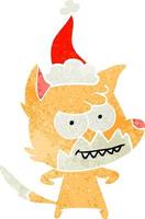 retro cartoon of a grinning fox wearing santa hat vector