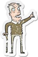 retro distressed sticker of a cartoon old man with walking stick vector