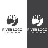 Logos of rivers, creeks, riverbanks and streams. River logo with combination of mountains and farmland with concept design vector illustration template.