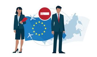 Ban on entry to EU countries. Man and woman in business suits, folder in hand. Vector image.