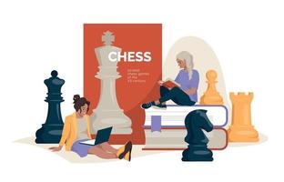 Chess. Learning to play chess. Books and chess pieces. The girl is sitting and reading a book. Concept. Vector image.