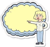 pegatina de una mujer de dibujos animados con espacio de nube de texto vector