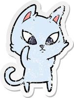 distressed sticker of a confused cartoon cat vector