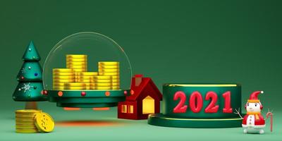 Podium empty and snowman with gold coin and Christmas tree in green composition for website or poster or Happiness cards,Christmas banner and festive New Year, realistic 3d illustration or 3d render photo