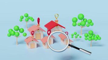 3d animation, village with magnifying glass, tree isolated on blue background. online shopping, search data concept, 3d render video