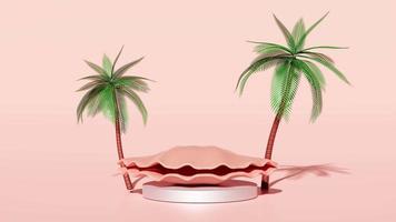 3d cylinder stage podium empty with shellfish, coconut palm tree isolated on pink. modern stage display, minimalist mockup, abstract showcase background. Concept 3d animation video