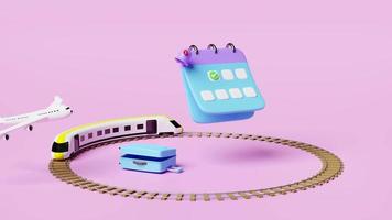 Calendario de animación 3d con maleta, juguete de transporte de tren aéreo 3d, avión, icono de marca de verificación, fecha marcada, campana de notificación aislada en rosa. programar cita, tren de viaje de verano, itinerario, presentación 3d video