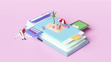 3d mobile phone or smartphone with palms, beach chair, banknote, pin, plane isolated on pink background. save money for summer travel vacation concept, 3d animation, Alpha video