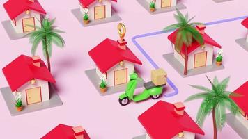 Livraison en ligne de moto 3d ou concept de suivi de commande en ligne, expédition rapide de colis avec scooter et boîte de marchandises, maison, village, épingle isolée sur fond rose pastel. Animation 3D