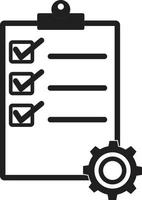 portapapeles con icono de engranaje sobre fondo blanco. signo de lista de verificación de soporte técnico. símbolo del concepto de gestión de proyectos. estilo plano vector