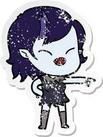 distressed sticker of a cartoon vampire girl pointing and laughing vector