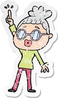 distressed sticker of a cartoon dancing woman wearing spectacles vector