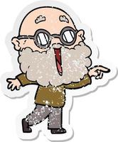 distressed sticker of a cartoon joyful man with beard pointing finger vector