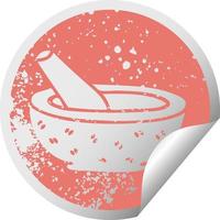 quirky distressed circular peeling sticker symbol pestle and mortar vector