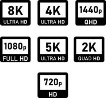 icono de resolución de pantalla de video o tv en fondo blanco. señal de etiqueta de visualización de monitor de pantalla de juego de televisión de alta definición. estilo plano vector