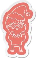 cartoon  sticker of a boy wearing spectacles wearing santa hat vector