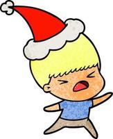 textured cartoon of a stressed man wearing santa hat vector