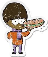 distressed sticker of a nervous cartoon boy with sandwich vector