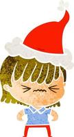 annoyed retro cartoon of a girl wearing santa hat vector