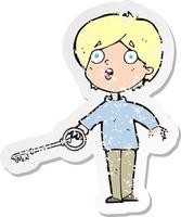 retro distressed sticker of a cartoon boy with key vector
