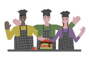 Three cooks smiling and waiving. Ethnic diversity. Isolated on white vector illustration.