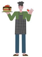 Chef cook in a uniform stands at full height, holds a chocolate cake in one hand and a strawberry in another one. Cartoon flat style, vector illustration. Prepare food concept.