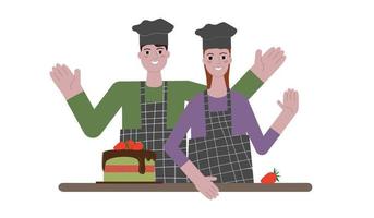 cocineros, hombres y mujeres, con uniforme minimalista negro parados en la mesa con pastel de pistacho, sonríen y agitan las manos. estilo plano de dibujos animados, ilustración vectorial. preparar el concepto de comida.