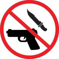 Firmar pistola y cuchillo prohibidos sobre fondo blanco. señal de arma prohibida. sin símbolo de seguridad de armas. estilo plano vector