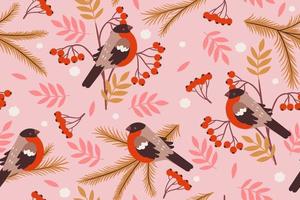 Seamless pattern with bullfinches and rowan branches. Vector graphics.