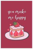 Cute valentine's day card with strawberry cake. Vector graphics.