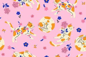 Seamless pattern with spotted cats and flowers. Vector graphics.