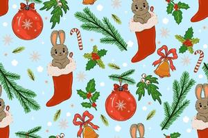 Christmas pattern with cute bunnies and winter decor. Vector graphics.