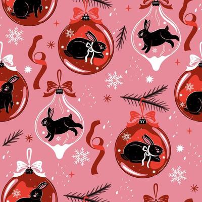 Seamless Christmas pattern with black rabbits on Christmas balls. Vector graphics.