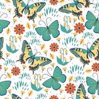 Seamless pattern with butterflies and flowers. Vector graphics.