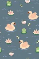 Seamless pattern with swans and frogs on the lake. Vector graphics.