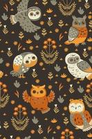Seamless pattern with owls in brown colors. Vector graphics.