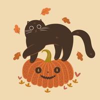 Halloween cat and pumpkin. Autumn mood. Vector graphics.