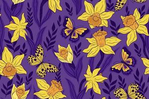 Seamless pattern with butterflies and narcissus flowers. Vector graphics.