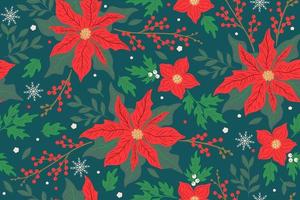 Winter Christmas seamless pattern with berries, twigs and flowers. Vector graphics.