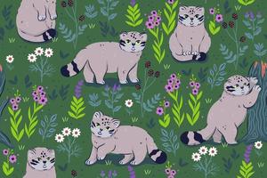 Seamless pattern with cute manul cats and flowers. Vector graphics.