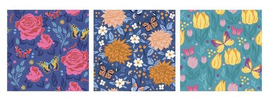 Set of seamless patterns with butterflies and flowers. Vector graphics.