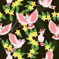 Seamless pattern with cockatoo and plumeria flowers. Vector graphics.