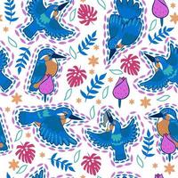 Kingfisher seamless pattern on white background. Vector graphics.